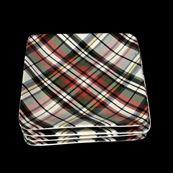 Set Of 4 Pottery Barn Denver Red Plaid Appetizer Plates Square 5.75” Stoneware - Picture 3 of 14